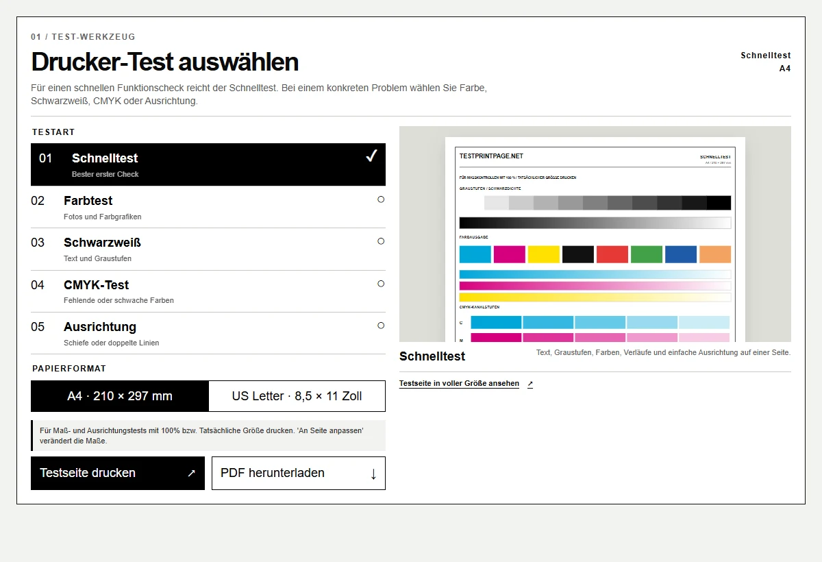 TestPrintPage Werkzeug mit Testart, Papierformat, Vorschau, Druck- und PDF-Funktionen