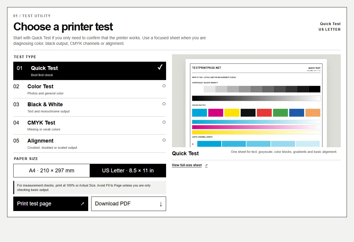 TestPrintPage printer test tool showing test type, paper size, preview, print and PDF controls