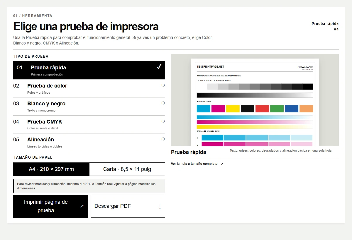 Herramienta TestPrintPage con tipo de prueba, tamaño de papel, vista previa, impresión y descarga PDF