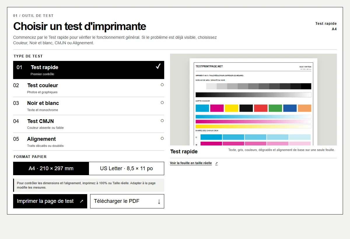 Outil TestPrintPage avec choix du test, format de papier, aperçu, impression et téléchargement PDF