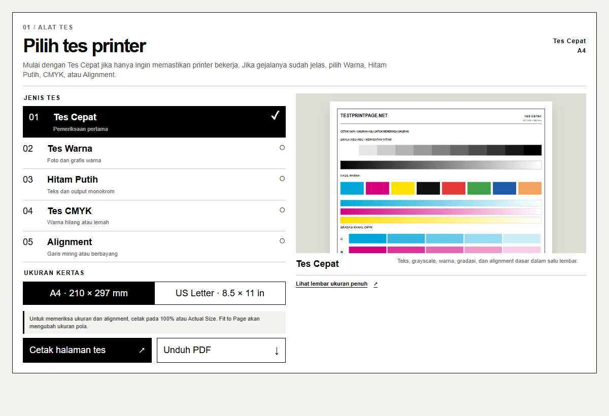 Alat TestPrintPage dengan pilihan tes, ukuran kertas, pratinjau, cetak, dan unduh PDF